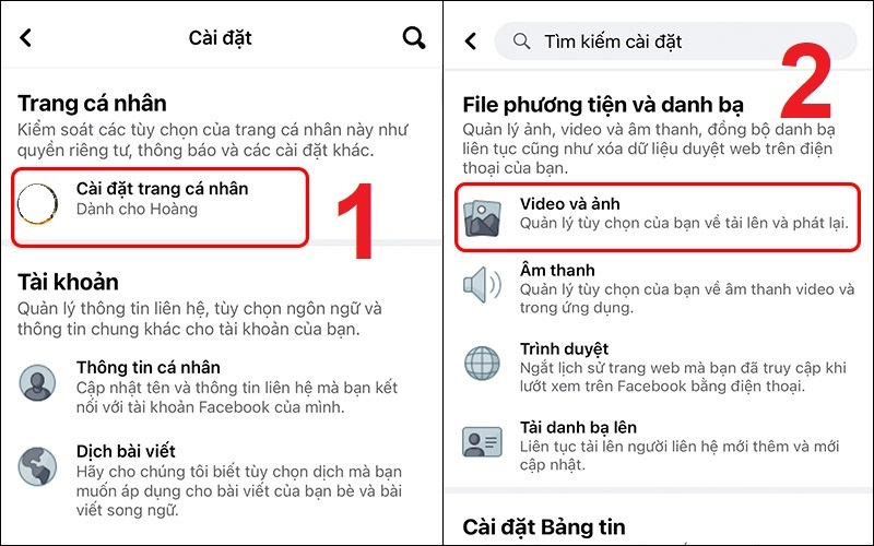 Cài đặt trang cá nhân và chọn mục Video và ảnh.