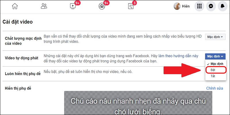 Chuyển video tự động phát thành Bật.