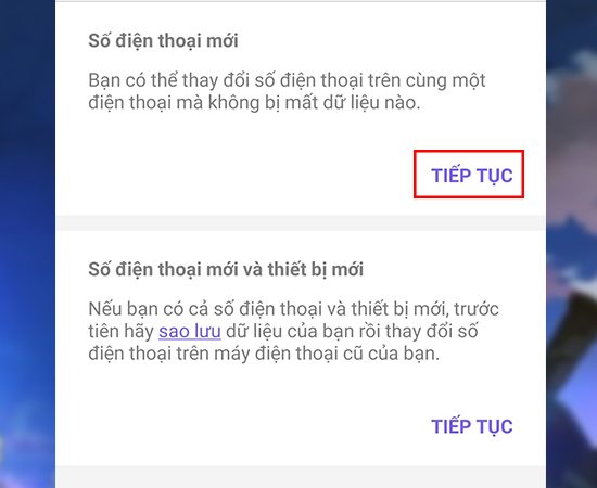 Bước 4: Chọn Tiếp tục ở phần Số điện thoại mới tại màn hình Thay đổi số điện thoại