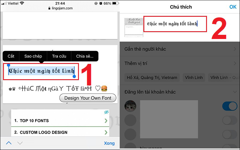 Sao chép đoạn văn bản và dán vào Instagram