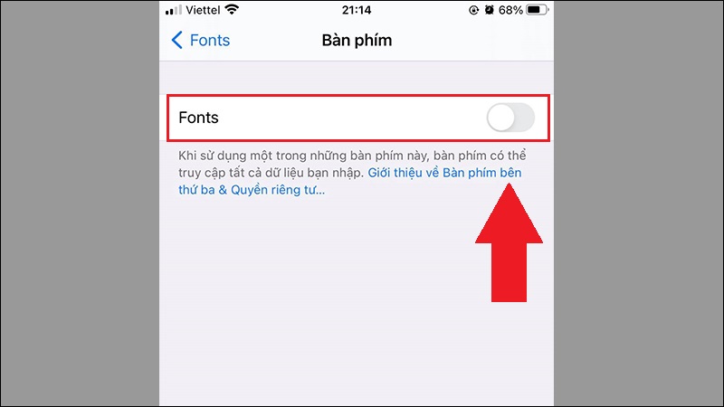 Gạt nút sang phải để cấp quyền cho ứng dụng Fonts