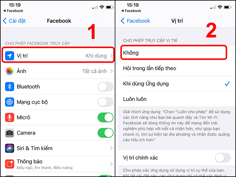  Nhấn vào Vị trí và chọn Không