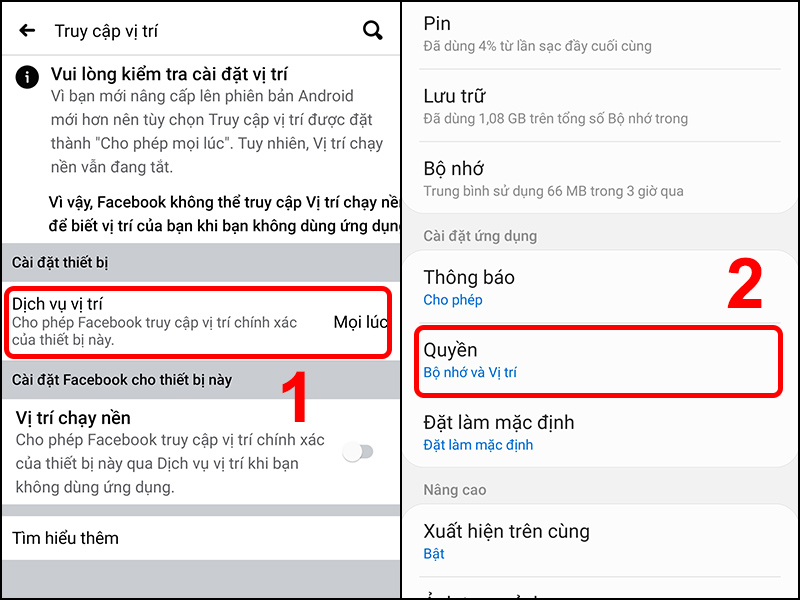 Vào Dịch vụ vị trí và chọn Quyền