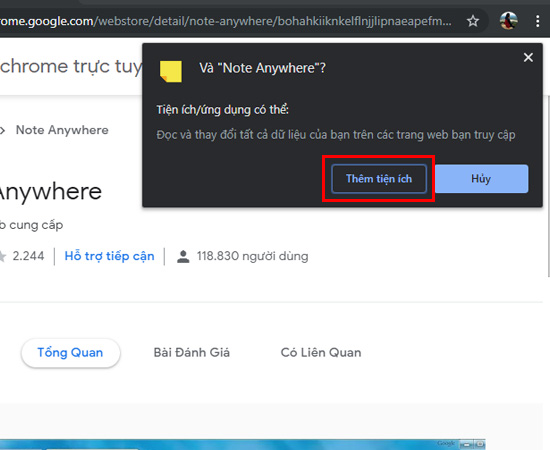 Bước 1: Các bạn nhấp vào đây để tải tiện ích Note Anywhere và chọn Thêm tiện ích.