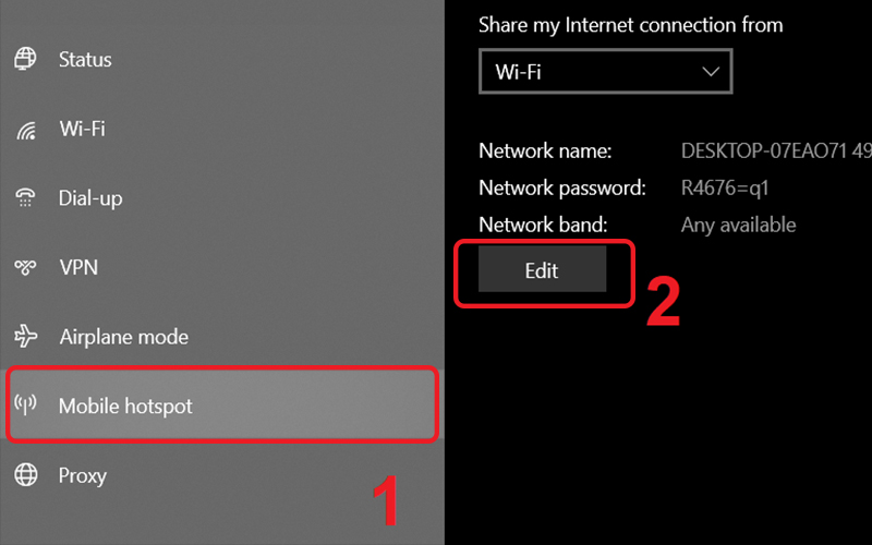 Truy cập vào Mobile hotspot trong phần Settings của máy tính Windows