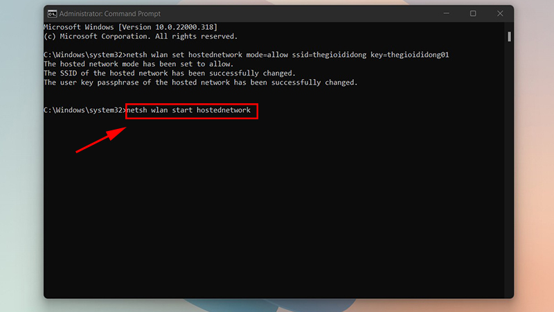 Gõ tiếp câu lệnh như hình để khởi động điểm phát WiFi cho máy tính của bạn