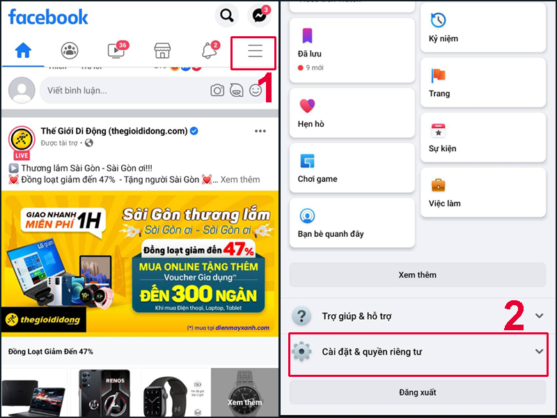 Chọn Cài đặt & Quyền riêng tư trong ứng dụng Facebook