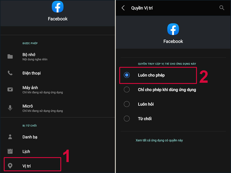Luôn cho phép ứng dụng Facebook định vị thiết bị của bạn