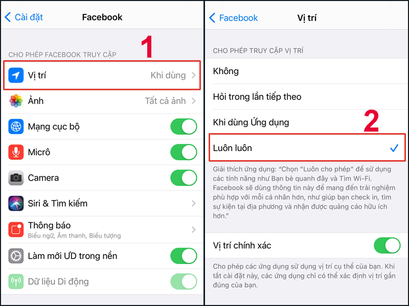 Hãy cho phép ứng dụng Facebook luôn luôn kiểm soát vị trí của bạn