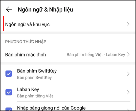  Ngôn ngữ và nhập -> Chọn ngôn ngữ và khu vực.