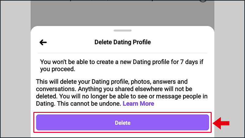 Bạn hãy xác nhận đồng ý xóa hồ sơ hẹn hò Facebook