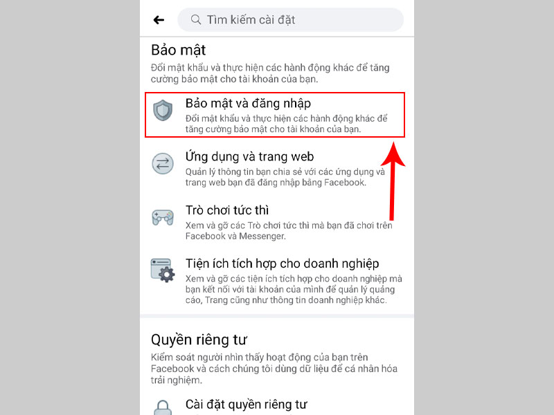 Chọn mục Bảo mật và đăng nhập