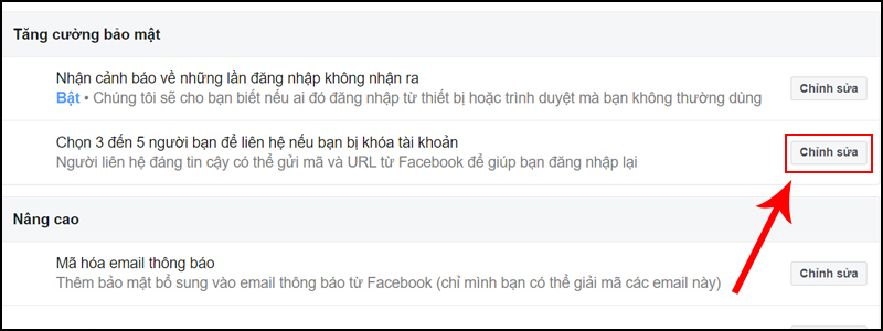 Tìm mục Chọn 3 đến 5 người bạn để liên hệ nếu bạn bị khóa tài khoản, chọn Chỉnh sửa