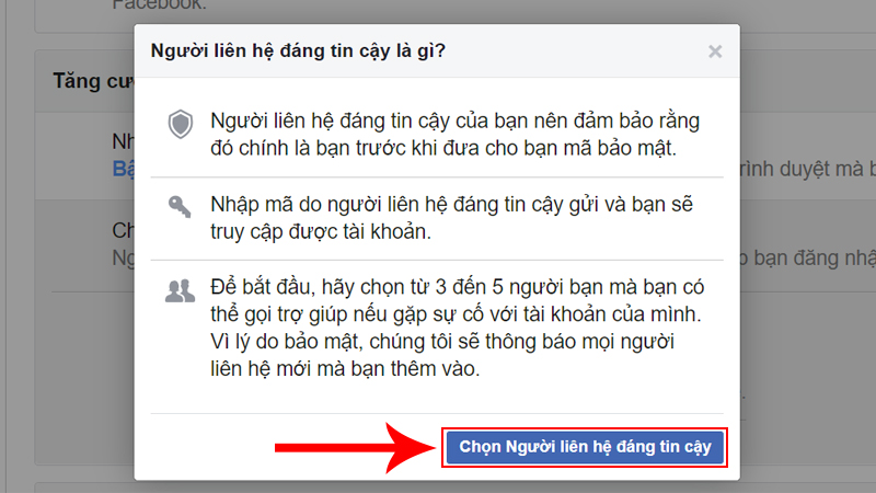 Nhấn vào Chọn Người liên hệ đáng tin cậy