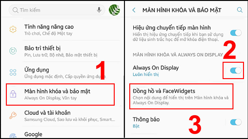 Chọn Màn hình khóa và Bảo mật rồi nhấn Bật sau đó chọn Đồng hồ và FaceWidgets.