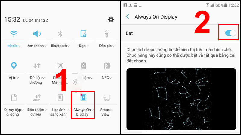 Nhấn giữ Always On Display rồi chọn Bật.