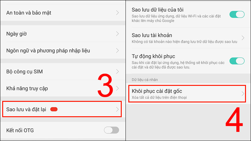 Vào Sao lưu và đặt lại, chọn Khôi phục cài đặt gốc