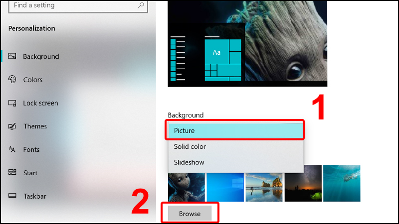 Tại Background chọn Picture và click Browse để chọn ảnh