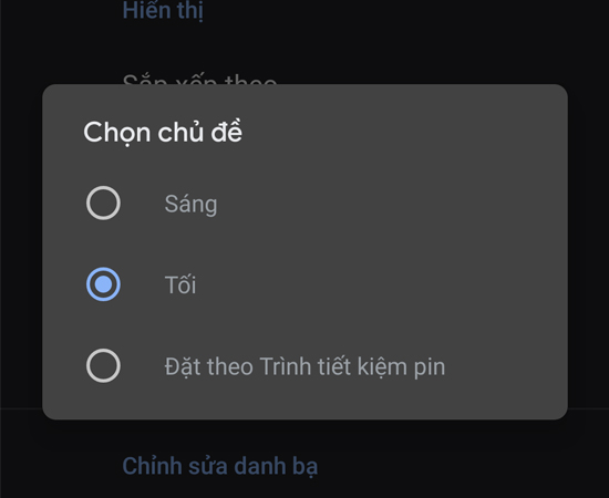 Bước 4: Nhấp vào Chọn chủ đề và kích hoạt chế độ tối cho Danh bạ điện thoại.