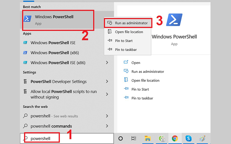 Mở PowerShell dưới quyền admin