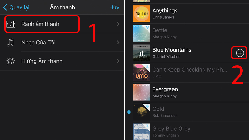 Tìm nhạc trong Rãnh âm thanh để thêm các bài hát có sẵn trong kho iMovie