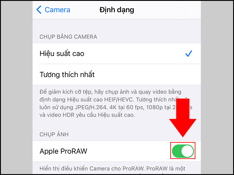 Gạt thanh Apple ProRAW sang màu xanh để bật tính năng