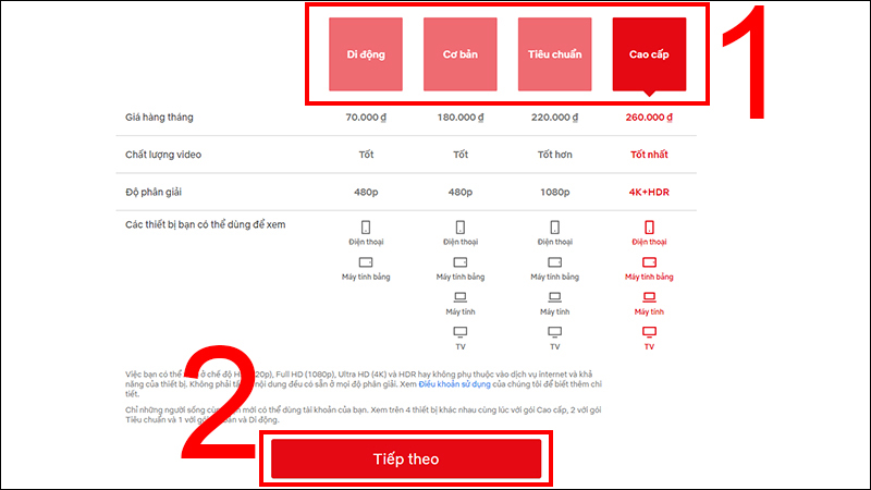 Chọn gói dịch vụ trên Netflix