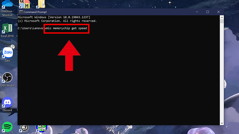 Nhập lệnh wmic memorychip get speed vào Command Prompt