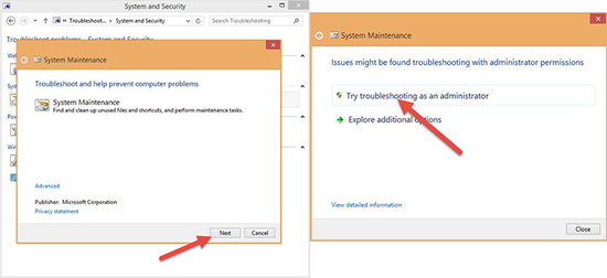 next >> try troubleshooting as an administrator