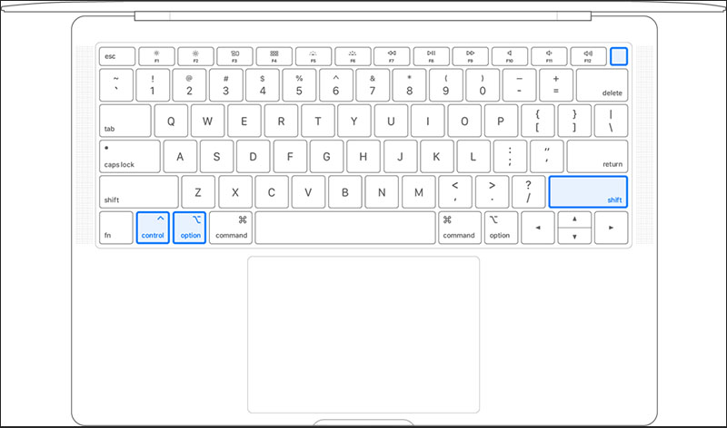 Bấm và giữ phím Shift, phím Option, phím Control và nút nguồn