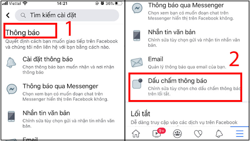 Vào phần Dấu chấm thông báo