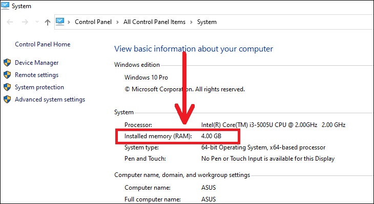 Xem thông tin RAM đang sử dụng tại mục Install Memory (RAM)