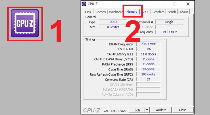 Mở phần mềm CPU-Z sau đó chọn phần Memor bạn sẽ xem được thông tin RAM ở đây