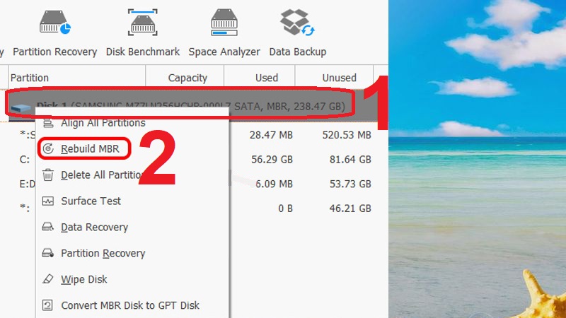 Nhấp chuột phải và ổ đĩa cần phân vùng rồi chọn Rebuild MBR