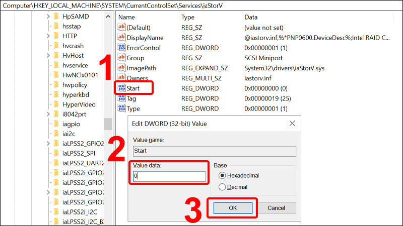  Click đúp chuột trái vào Start, tại Value data bạn nhập là 0 và nhấn OK