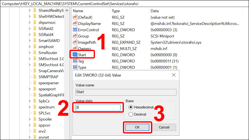 Click đúp chuột trái vào Start, tại Value data bạn nhập là 0 và nhấn OK