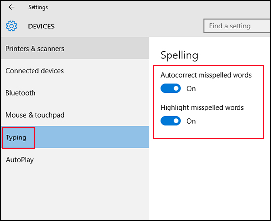 Kiểm tra Autocorrect misspelled words và Highlight misspelled words.
