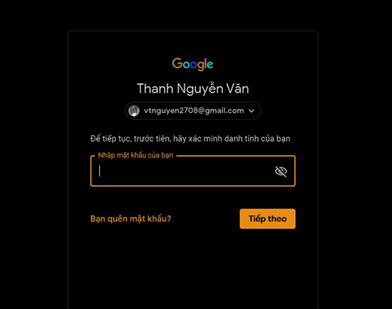 Nhập mật khẩu tài khoản Google