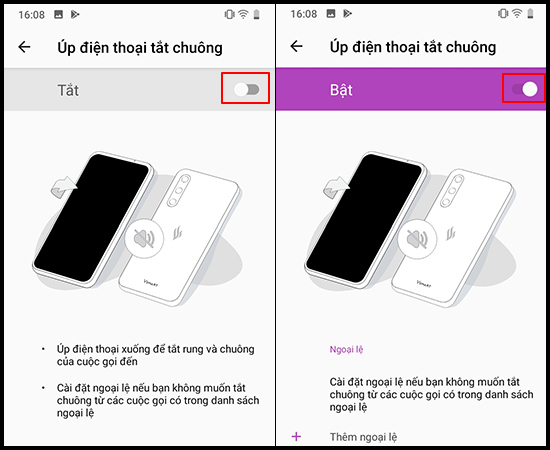 Bật tính năng Úp điện thoại tắt chuông