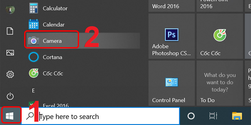 Vào Menu Start và tìm đến ứng dụng Camera