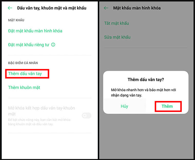 Chọn thêm dấu vân tay-> chọn thêm