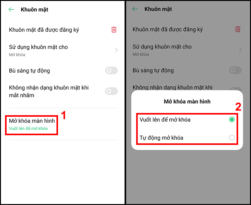 Các lựa chọn về mở khóa màn hình
