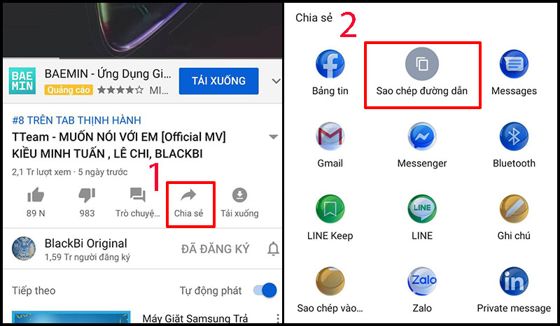 Cách lấy URL link video trên ứng dụng YouTube trên điện thoại, máy tính bảng