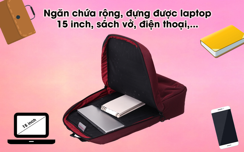 Bạn có thể thoải mái mang theo laptop 15 inch cùng nhiều phụ kiện với mẫu balo này