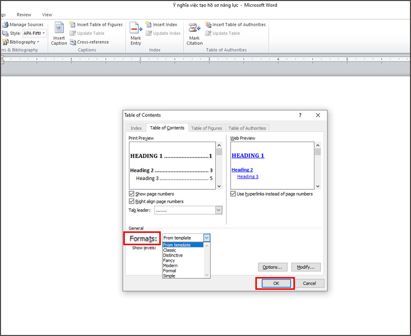 Xác định kiểu mục lục tại Format