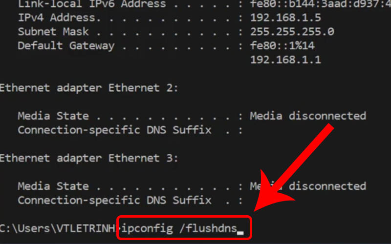 Gõ lệnh cài đặt lại DNS ipconfig /flushdns