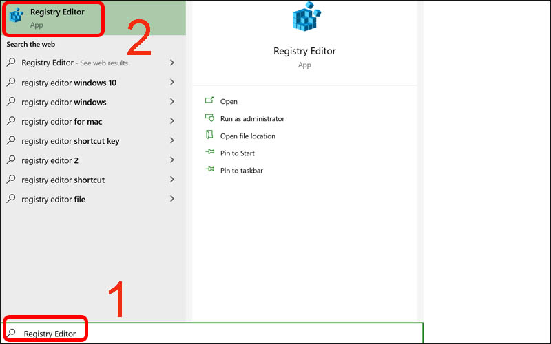 Nhập Registry Editor vào thanh tìm kiếm 