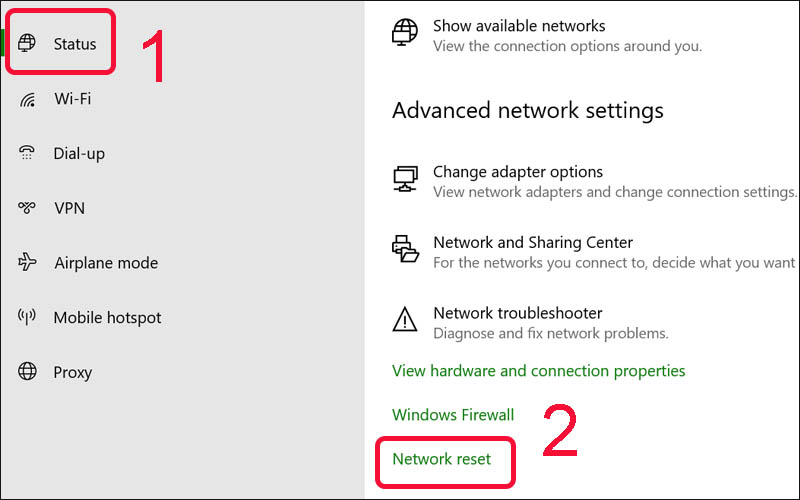 Click chọn Network reset