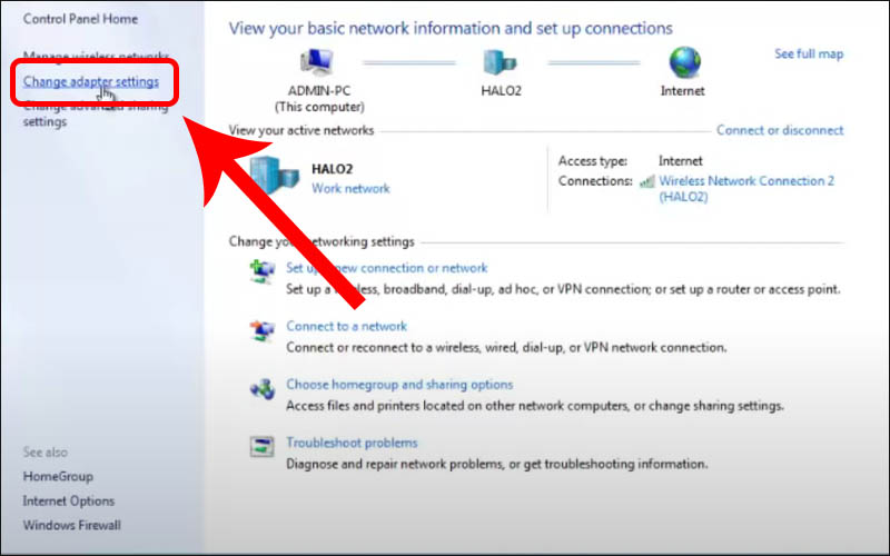 Nhấn vào Change adapters settings