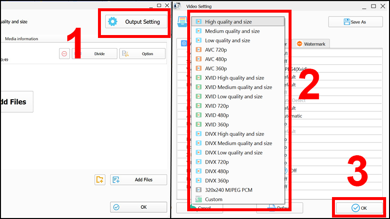 Lựa chọn tất cả các định dạng cho video tại nút Output Setting